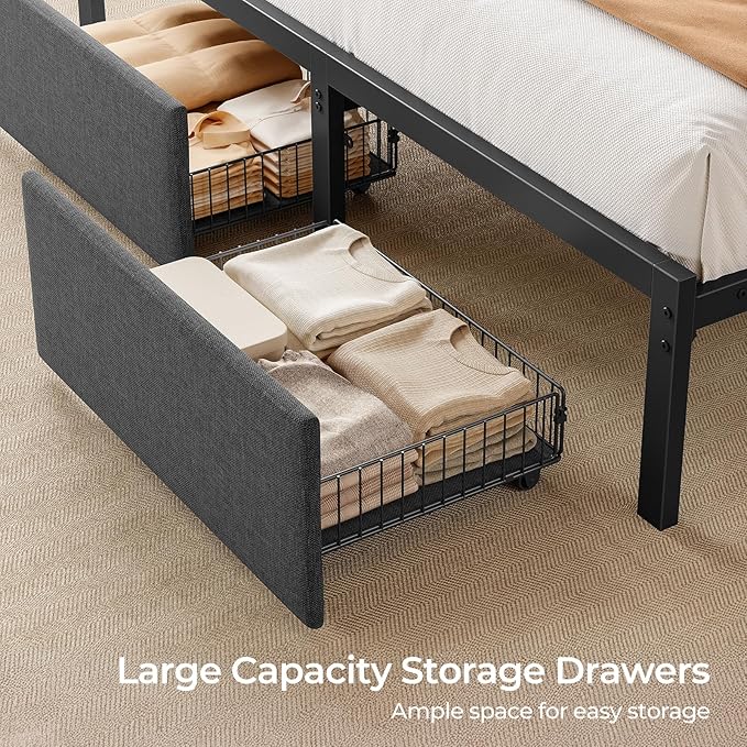 Rolanstar Full Size Bed Frame with Ergonomic Headboard Storage & Charging Station, Upholstered Platform Bed with LED Light & Drawer, Heavy Duty Metal Slats, Noise Free, No Box Spring Needed, Grey