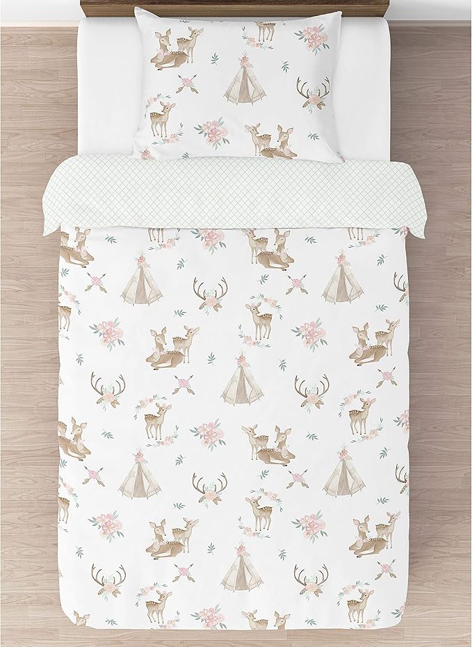Sweet Jojo Designs 2-Piece Twin Comforter Set (Woodland Deer Floral) for Girls, Children, Kids Bedding, Bed in a Bag incl. Blanket & Pillow Sham (Boho, Watercolor, Bohemian, Shabby Chic, Pink & Green)