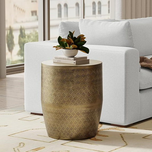 SIMPLIHOME Johnsen Metal Table - 18 inch Wide Solid Iron Round Accent Table in Antique Gold, Boho Side or End Table for Living Room or Family Room with Etched Cross Hatch Pattern, Assembled