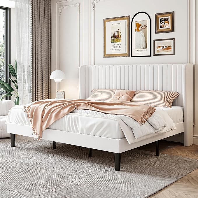 SHA CERLIN King Size Velvet Bed Frame with Vertical Channel Tufted Wingback Headboard, Upholstered Platform Bed with Wood Slats, No Box Spring Needed, Easy Assembly, White