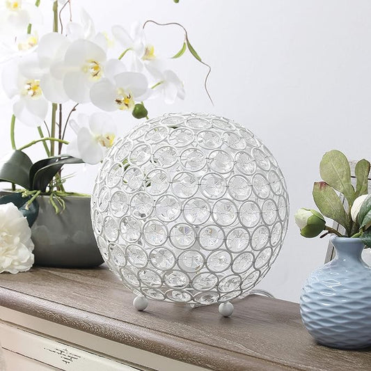 Elegant Designs LT1026-WHT 8" Elipse Crystal Collection Metal Crystal Ball Sequin Table Desk Lamp for Accent Lighting, Décor, Living Room, White