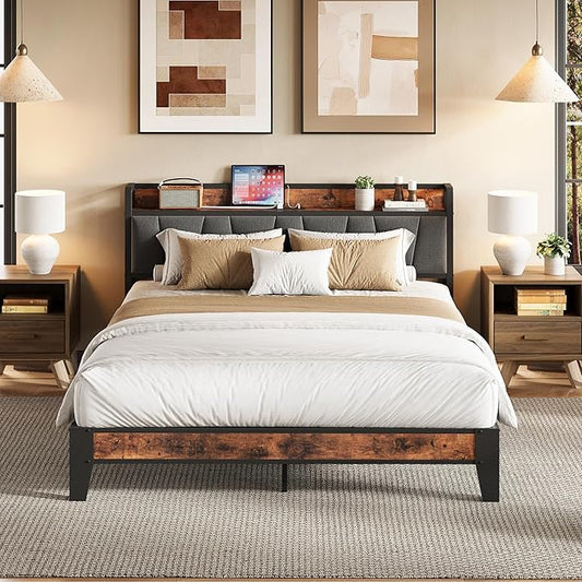 LIKIMIO Full Bed Frame, Storage Headboard with Charging Station, Solid and Stable, Noise Free, No Box Spring Needed, Easy Assembly