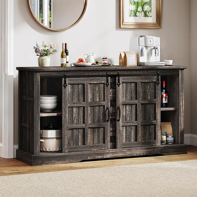 YITAHOME Farmhouse Buffet Cabinet with Storage, 59" Sideboard w/Sliding Barn Doors and 4 Drawers, Kitchen Cabinets for Living Room, Dark Rustic Oak