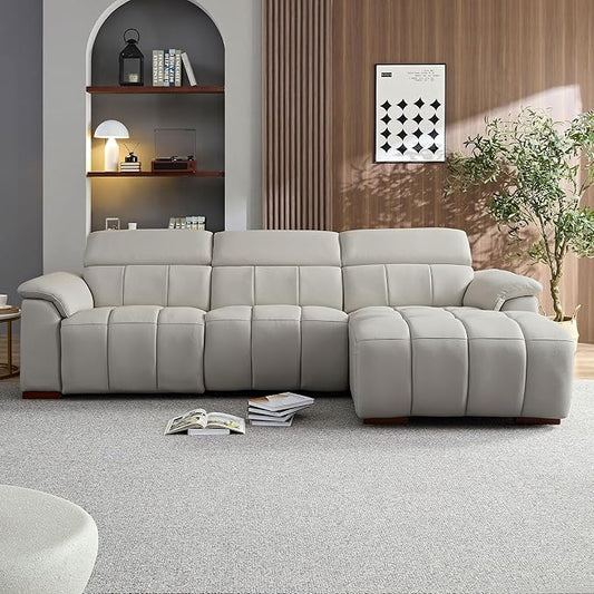 KEIKI 113" L-Shaped Genuine Leather Wall-Hugger Reclining Sofa with Right Chaise, Adjustable Backrest & Footrest, Modern Style Electric Control 3-Seater Couch with USB, for Living Room, Light Grey