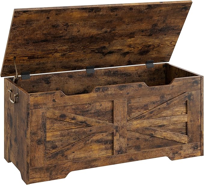 IDEALHOSUE 39.4" Storage Chest, Wooden Storage Bench with Safety Hinge, Retro Blanket Storage Trunk for Entryway, Living Room, Supports 350 lb, Rustic Brown