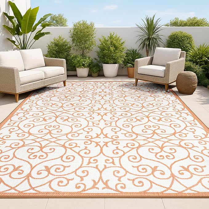 JONATHAN Y Vintage Filigree Indoor Outdoor Area Rug 9X12 Cream/Orange, Madrid Textured Weave for Backyard, Patio, Porch, Easy-Cleaning, High Traffic, Pet-Friendly, Non-Shedding (SMB107L-9)