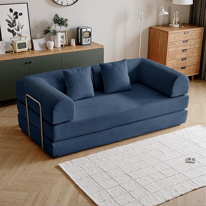 79'' Convertible Compressed Corduroy Folding Cloud Sofa Bed, 5 in 1 Modern Modular Boneless Pull Out Loveseat Sleeper in a Box, No Assembly Floor Mattress Futon Couch for Home, Blue, Pillows, King