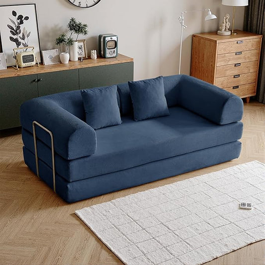 87'' Convertible Compressed Corduroy Folding Cloud Sofa Bed, Modern Modular Boneless Pull Out 3 Seater Sleeper in a Box, 5 in 1 Foldable Floor Mattress Couch, No Assembly Needed, Blue, Pillows, King