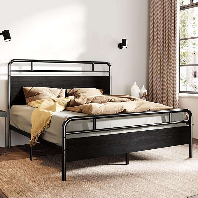 SHA CERLIN Full Size Bed Frame with Vintage Industrial Wood Headboard, Heavy Duty Metal Platform with 12" Under-Bed Storage, Mattress Foundation, No Box Spring Needed, Noise-Free, Easy Assembly, Black