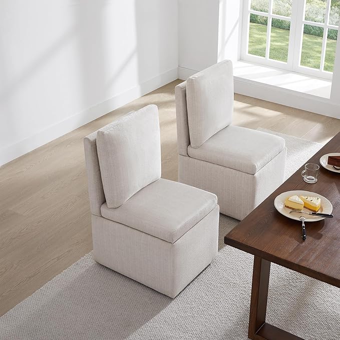 Upholstered Dining Chairs with Casters, Modern Dining Room Chairs Set of 2 with Hidden Storage & 4 Wheels, Single Sofa Chair for Kitchen, Reading Room, Waiting Room, Linen