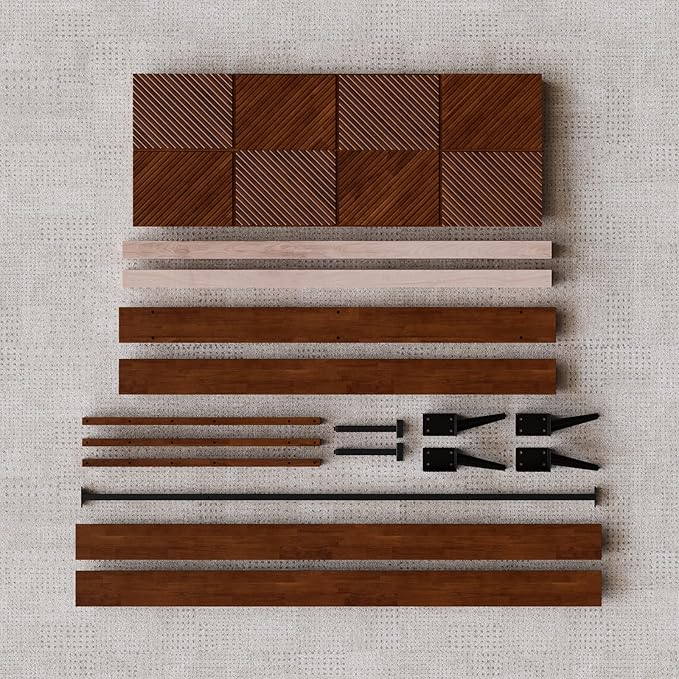 Bme Rhombus Queen Bed Frame – Solid Rubber Wood with Geometric Rhombus Headboard, Walnut Finish, Scandinavian Modern Platform Bed with Sturdy Slats & Metal Legs, No Box Spring Needed
