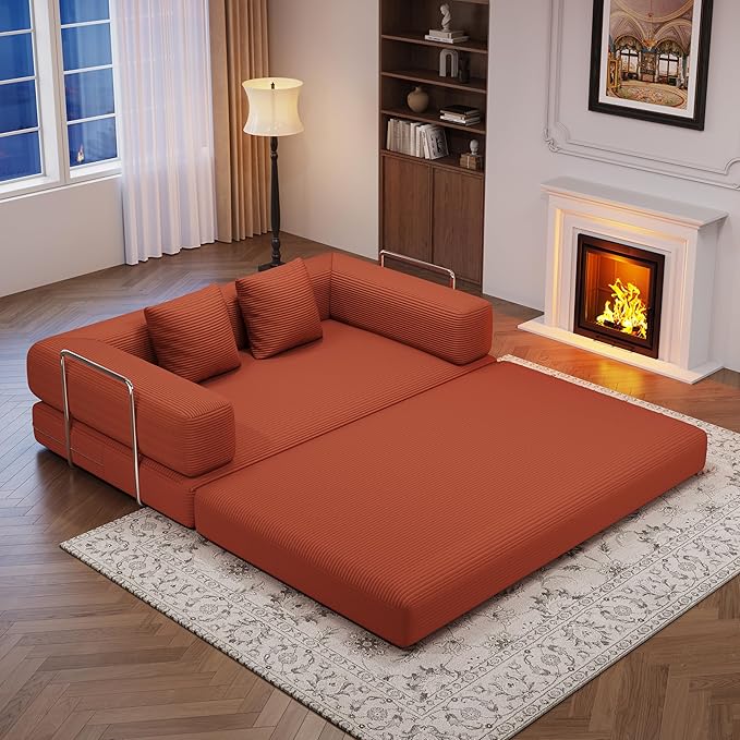 BSHOMGI 4-in-1 Foldable Sofa Bed Teddy Fabric Foam-Filled Compressed Couch, Convertible Loveseat Sofa, Boneless FoldingSleeper for Living Room, Guest Bed, Playroom (Orange, 59” 2 Seat)