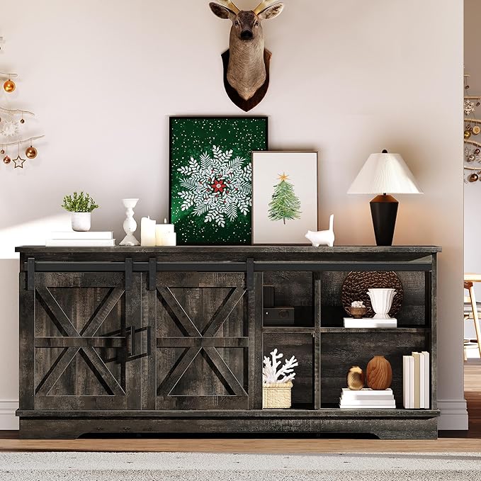 YITAHOME Farmhouse TV Stand for 65 Inch Television Stand, Entertainment Center with Storage Cabinets and Sliding Barn Doors, Rustic Media TV Console Table for Living Room, Dark Rustic Oak