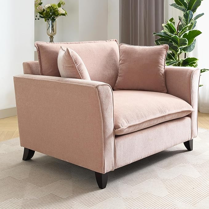 Merax 46.3" Chenille Accent Chair, Oversized Reading Armchair w/2 Pillows, Modern Corner Single Cloud Sofa Arm Chairs, Comfortable Living Room Deep Cushion Seating for Office & Apartment, Pale Pink