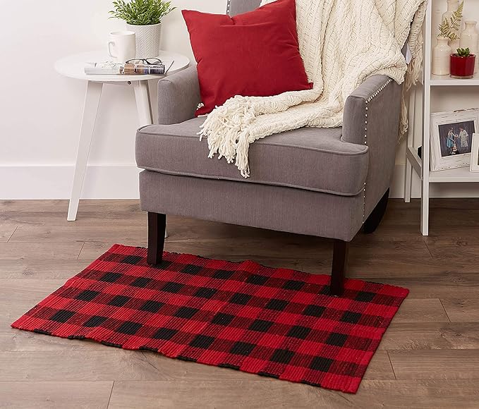 DII Buffalo Check Rug Collection, Hand Dyed Reversible Chindi Rug, 26x40, Red/Black