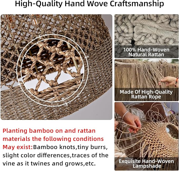 19" Rattan Pendant Light,Hand-Woven Rustic Wicker Hanging Light 3-Light Seagrass Ceiling Chandelier Oval Water Plants Rattan Chandelier for Dining Living Bedroom Kitchen Farmhouse