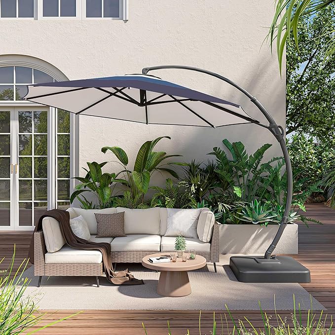 LAUSAINT HOME Outdoor Patio Umbrella with Base included, Deluxe Curvy Cantilever Umbrella Heavy Duty Offset Hanging Umbrella