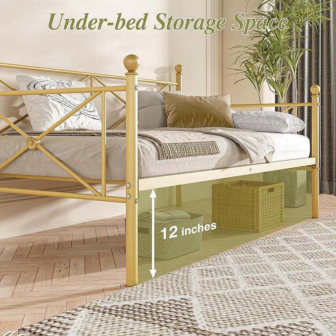 VECELO Daybed Twin Size, Day Bed Frame with Headboard, Heavy-Duty Metal Slats Support Platform for Living Room, Guest Room, Easy Assembly, Gold