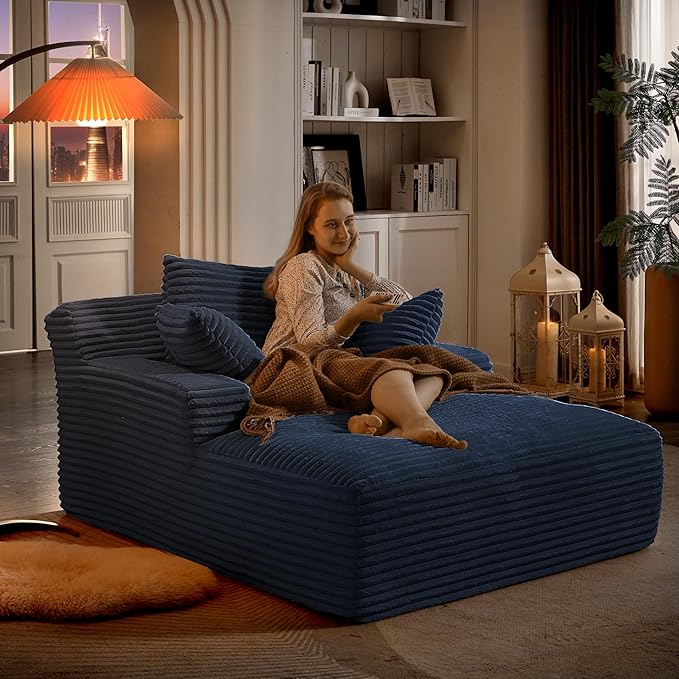 49.2" Full Foam Oversized Chaise Lounge Chair Cozy Cloud Couch, Modern Plush Corduroy Upholstered Sleeper Sofa Daybed with 3 Throw Pillows and Wide Armrest for Living Room, No Assembly Required