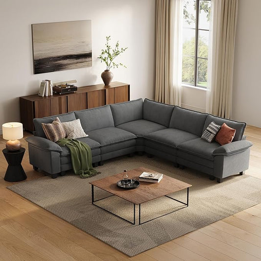 LINSY HOME Modular Sectional Sofa Couch Corduroy Cloud Couches for Living Room, V-Shaped Cloud Couch Sectional Sofas for Bedroom and Apartment, Grey