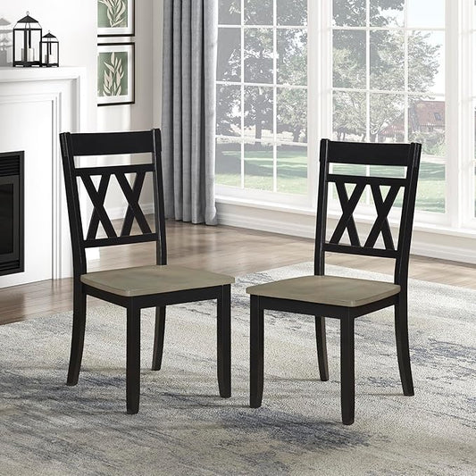 Lexicon Farmhouse Wood Dining Chair, Set of 2, Double Cross Back, Rustic Armless Chairs, Kitchen and Dining Room Furniture, Two-Tone Finish (Greywash and Antique Black)