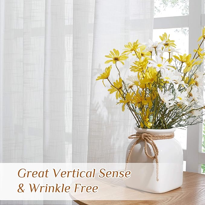 NICETOWN White Sheer Bathroom Curtains Window Treatments, Rod Pocket & Back Tab Semi Sheer Faux Linen Privacy with Light Filtering Drapes for Bedroom, W52 x L48, 2 Panels
