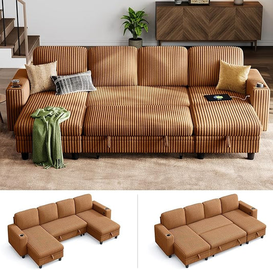 LINSY HOME Sectional Sleeper Sofa Pull Out Couches for Living Room (Brown, Sleeper Sofa 3) | Pull Out Sofa Bed, Storage, USB Charging, Cup Holders, Plush Corduroy | Pull Out Sofa Bed, Storage, USB Charging, Cup Holders, Plush Corduroy