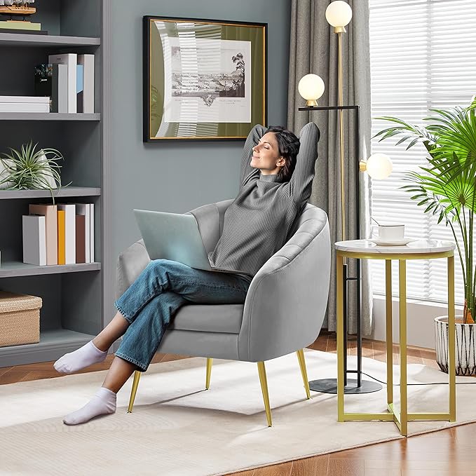 Yaheetech Modern Vanity Chair, Velvet Soft Accent Chair with Gold Metal Legs, Tufted Armchair Chaise Lounge for Living Room/Bedroom, Gray