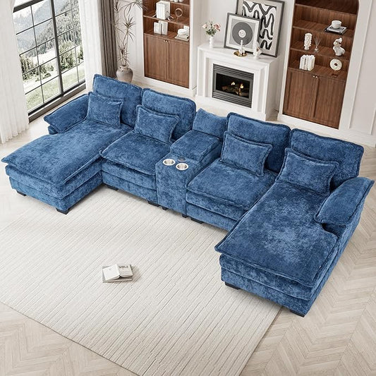 133" Oversized U Shaped Cloud Couch Modular Sectional Couches for Living Room Comfy Chenille Deep Seat Sofa Set with Double Chaise Lounge, Storage Central Console, Cup Holders, USB Port, Blue