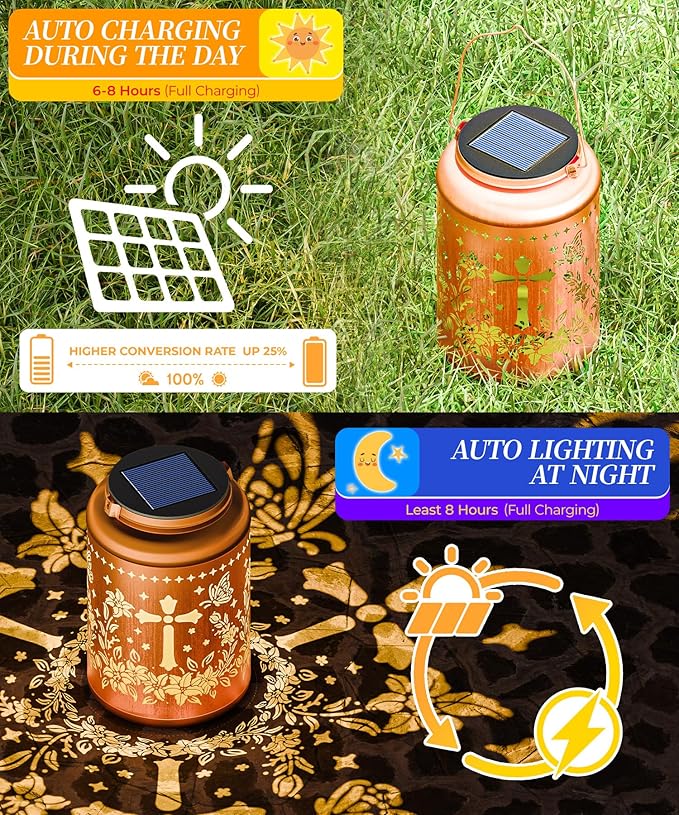 Solar Lanterns Outdoor Waterproof Decorative Garden Solar Lights Outdoor,Hanging Hollow Out Metal Ornaments Decor for Outside Lawn,Patio,Balcony,Yard Unique Gifts for Women Christian Cross