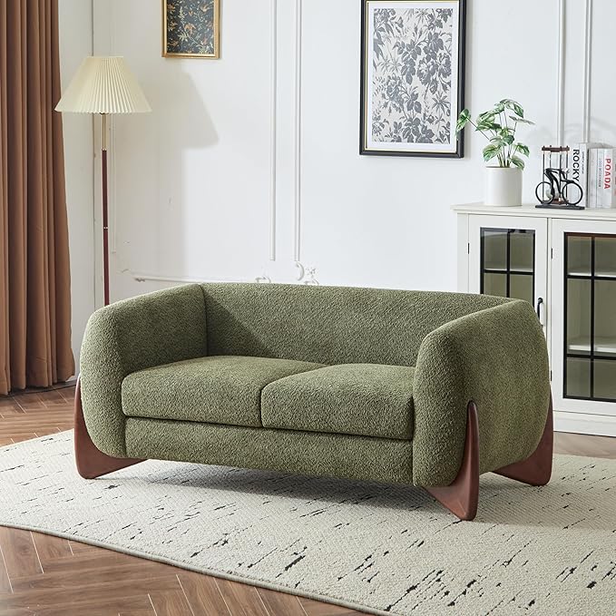 Christopher Knight Home Alma 63" Boucle Loveseat with Wood Legs, 2 Seater Sofa Couches for Living Room, Upholstered Couch Chair, Soft Seating Lounge Sofa Chair, Cozy Loveseat with Armrest, Olive Green