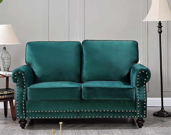 Container Furniture Direct Lotus Mid Century Modern Velvet Upholstered Living Room Rolled Arms, Chair, Loveseat and Sofa, Green