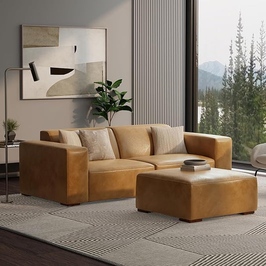 SIMPLIHOME Rex Ottoman - 34 inch Wide Upholstered Genuine Leather Square Ottoman in Sienna, Modern Bench for Living Room or Bedroom with High-Density Cushion, Assembled
