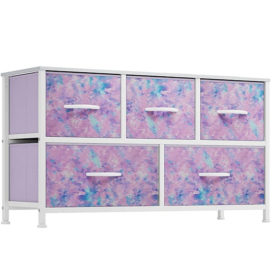 YITAHOME Wide Storage Tower with 5 Drawers - Purple Fabric Dresser, Organizer Unit for Bedroom, Living Room, Closets - Sturdy Steel Frame, Easy Pull Fabric Bins & Wooden Top