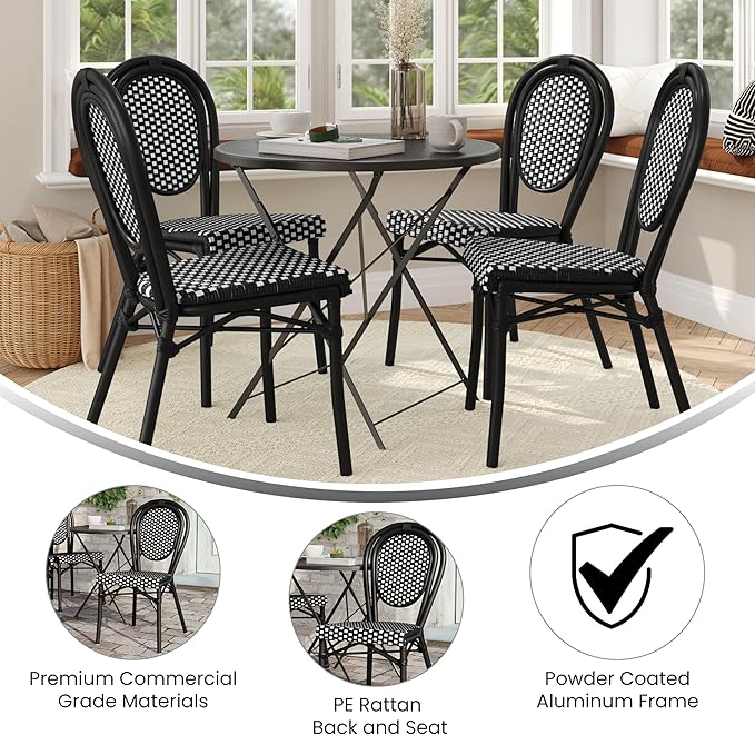 Flash Furniture Lourdes Indoor/Outdoor Commercial Thonet Bistro Stack Chair - Black/White PE Rattan Back and Seat - Black Metal Frame - Set of 4