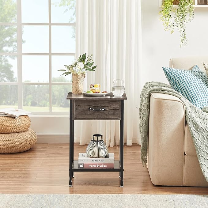 VECELO Nightstands, Industrial Side/End Tables with Drawer and Storage Shelf, Night Stands for Bedroom, Living Room, Wood Metal Furniture, Easy Assembly