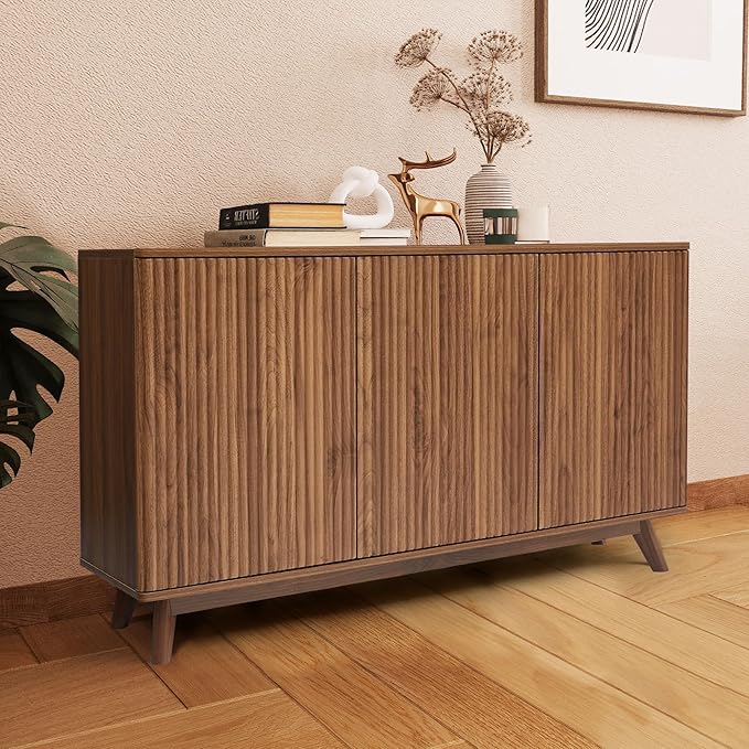 Fluted Sideboard Storage Cabinet with 3 Doors and Shelves, Mid Century Modern Accent Buffet Cabinet with Storage, Credenza Sideboard Buffet for Kitchen, Dining Room, Entryway, Under TV - Walnut