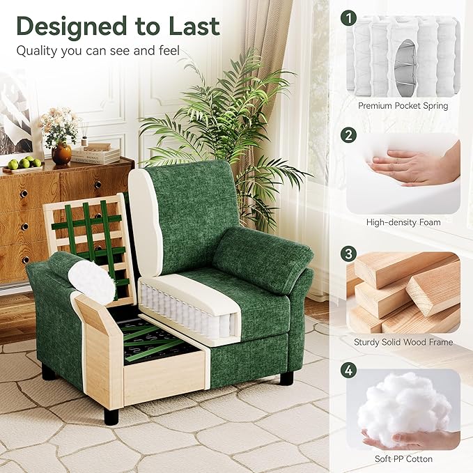 Oversized Accent Chair, 44.5 Inch Green Chenille Fabric Armchair, Comfy Single Sofa Chair with Padded Arms & Pocket Spring Cushion, Modern Reading Chair for Living Room, Bedroom
