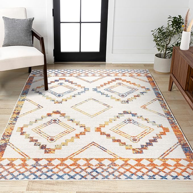 JONATHAN Y Amir Moroccan Beni Souk Ivory/Blue/Orange Indoor Area Rug, 8x10, Bohemian, Scandinavian, Easy-Cleaning for Living Room, Bedroom, Kitchen, Pet Friendly, Non-Shedding (MOH200E-8)