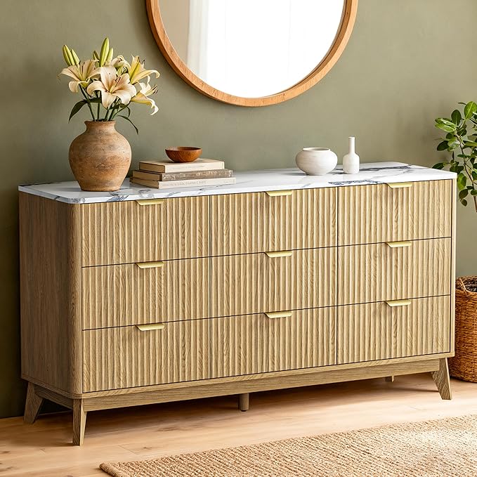 57" Fluted 9 Drawer Dresser with Arc-Shaped Corner,Modern Chest of Drawers with Metal Handle, Wood Closet Clothes Storage Organizer with Curved Edges for Bedroom,Natural