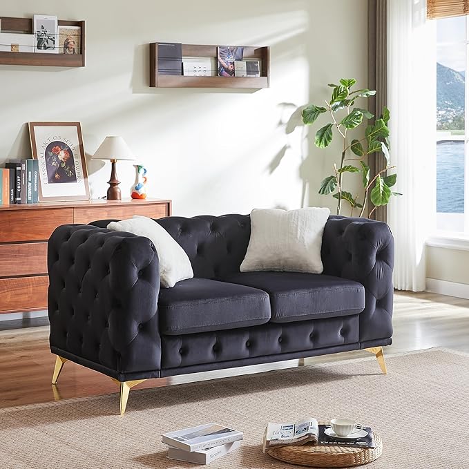 KEIKI 61" Luxury Oversized Velvet Chesterfield Sofa with 2 Pillows, Mid-Century Style 2-Seater Tufted Buttons Couch with High-Density Foam Cushions, Easy Assembly, for Apartment, Living Room, Black