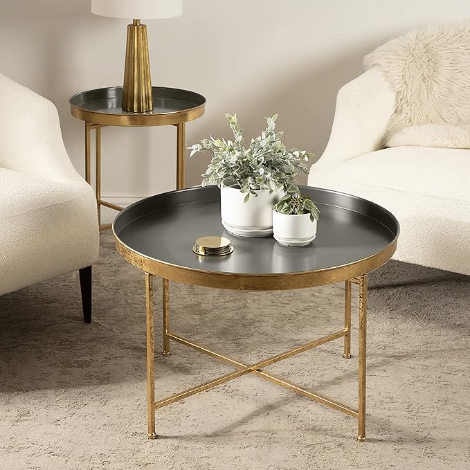Kate and Laurel Celia Modern Coffee Table; 28 x 28 x 19; Gray and Gold; Glamorous Folding Metal Table for Storage and Display