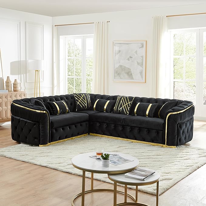 KEIKI 111" L-Shaped Luxury Velvet Chesterfield Sectional Sofa with Gold Stainless Steel Accents and 7 Pillows, Mid-Century Oversized 5-Seater Button Tufted Couch, Easy Assembly, for Living Room, Black