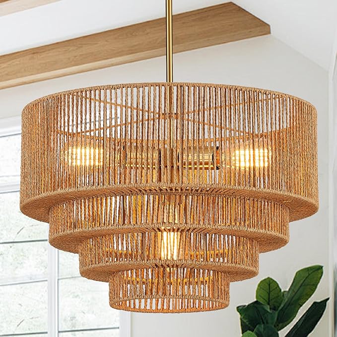 19.7" Boho Rattan Chandelier Light Fixture 4-Light Hand-Woven Bamboo Vintage Farmhouse Chandelier Drum Wicker Golden Chandeliers for Dining Room, Kitchen Island, Bedroom, Foyer