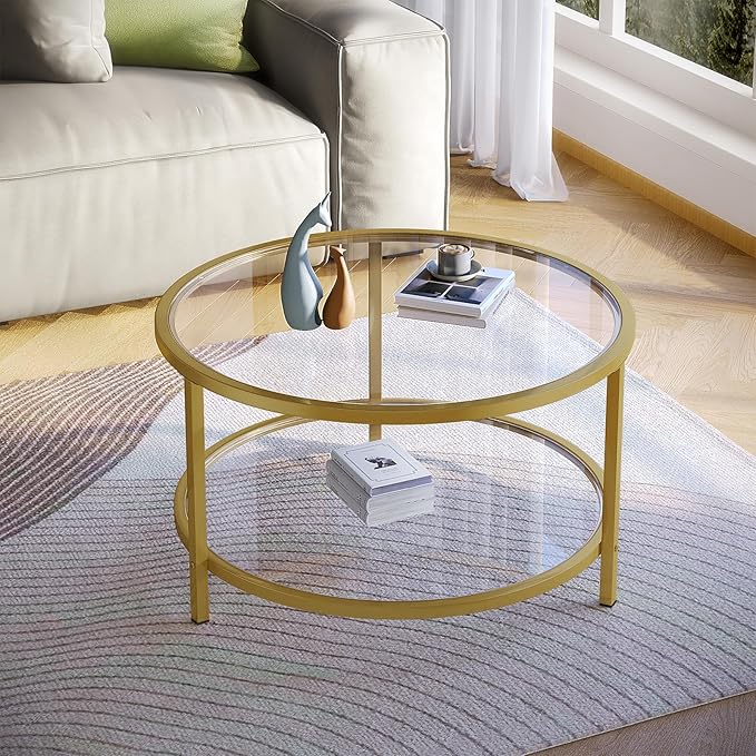 SAYGOER Round Glass Coffee Table 2 Tier Coffee Tables with Storage Shelf for Large or Small Space Modern Simple Center Table with Gold Frame for Living Room Home Office, Easy Assembly…