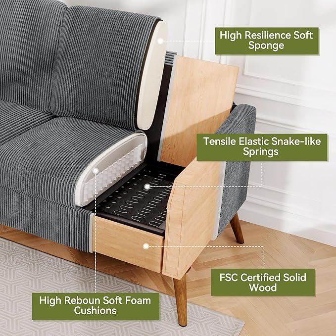 68" Loveseat Sofa, Comfy Grey Corduroy Couches for Living Room, Mid Century Modern Love Seat Sofa, Tool-Free Setup Small Couches for Bedroom Office