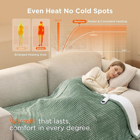 Bedsure GentleSoft Heated Blanket Throw - Soft Ribbed Flannel Electric Blanket, Heating with 4 Time Settings, 6 Heat Settings, and 3 hrs Timer Auto Shut Off, Gifts for Grandma (50x60 inches, Green)