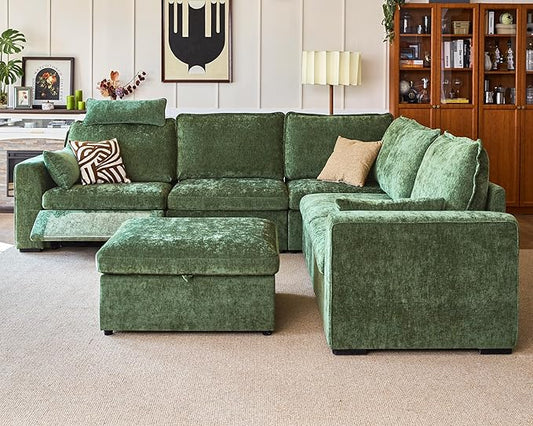 Oversized Modular Sectional Sofa with Power Recliner, Plush Cloud Couch with Headrest, Convertible Deep L-Shaped 6 Seater with Corner and Storage Ottoman, Chenille, Green