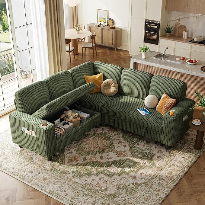 LINSY HOME Sectional Sleeper Sofa with Storage Chaise & USB Charging, Convertible Pull Out Couch Bed Plush Corduroy Modular Sectional Couches for Living Room Apartment (Green)
