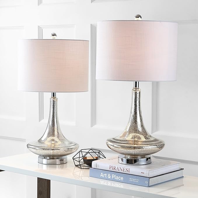 JONATHAN Y 25.5" Mercury Silver Glass Teardrop Table Lamp Set of 2 for Bedroom, Modern Bedside Lamps for Living Room, White Linen Drum Shade, LED Bulbs Included JYL1081A-SET2